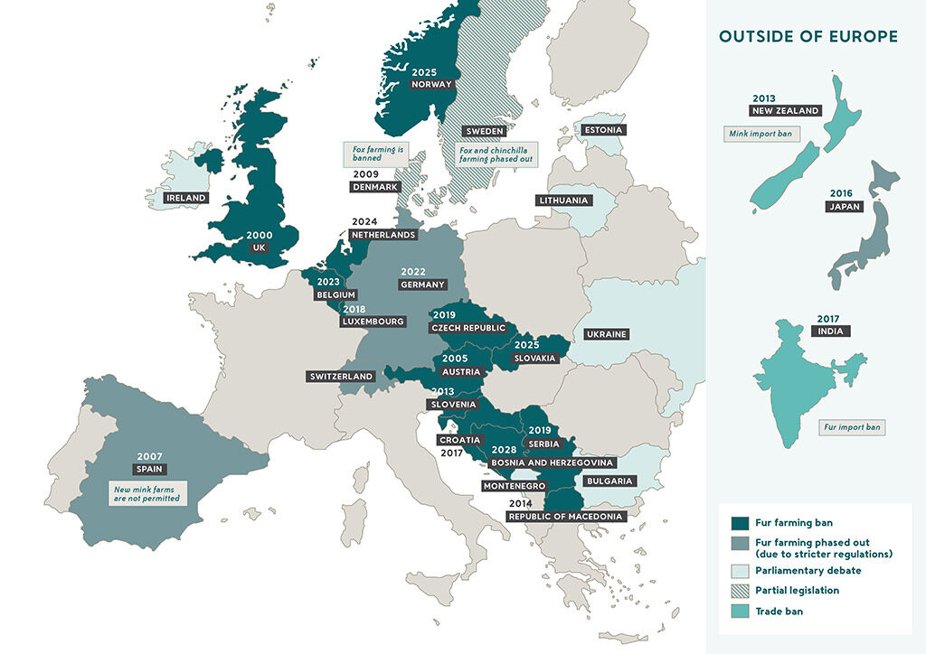Карта ферм в Европе. Запрет пушных ферм по странам. Fur ban. Link eu