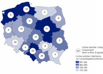 Mapa 1. Mapa Polski w podziale na województwa przedstawiająca liczbę teatrów i instytucji muzycznych (stan w dniu 31 grudnia) oraz liczbę widzów i słuchaczy na jedno przedstawienie/koncert w 2023 r.