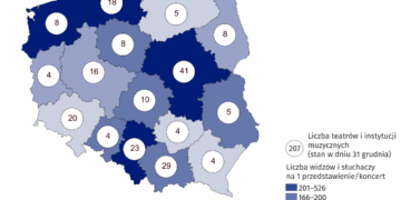Mapa 1. Mapa Polski w podziale na województwa przedstawiająca liczbę teatrów i instytucji muzycznych (stan w dniu 31 grudnia) oraz liczbę widzów i słuchaczy na jedno przedstawienie/koncert w 2023 r.